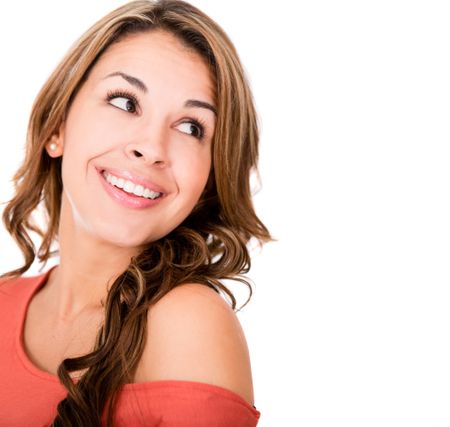 Pensive casual woman - isolated over a white background