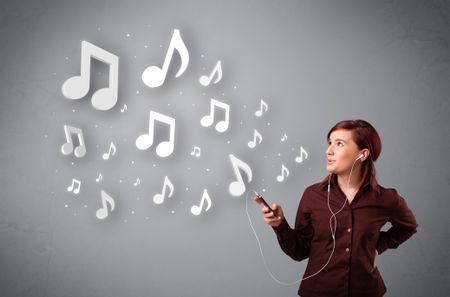 Pretty young woman singing and listening to music with musical notes getting out of her mouth