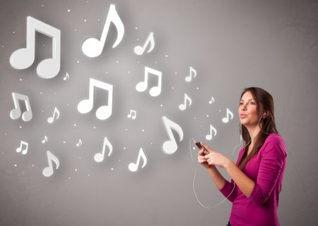 Pretty young woman singing and listening to music with musical notes getting out of her mouth