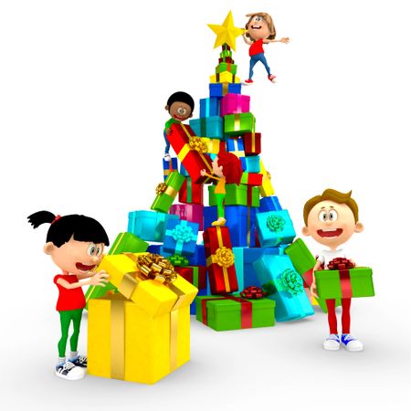 3D happy kids opening Christmas presents by the tree - isolated