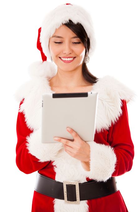 Female Santa with a tablet computer - isolated over a white background