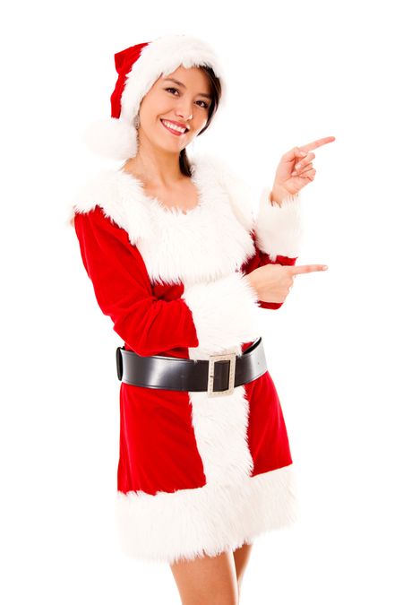 Female Santa pointing to the side - isolated over a white background