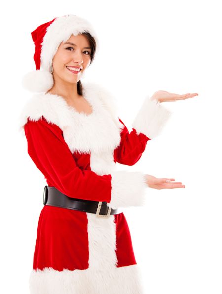 Female Santa displaying something with her hands - isolated over white