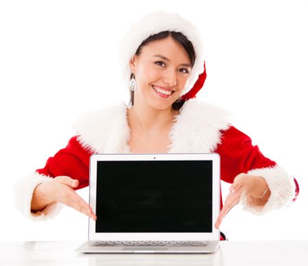 Mrs Claus with laptop compuer - isolated over a white background