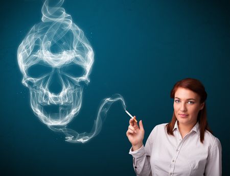 Pretty young woman smoking dangerous cigarette with toxic skull smoke