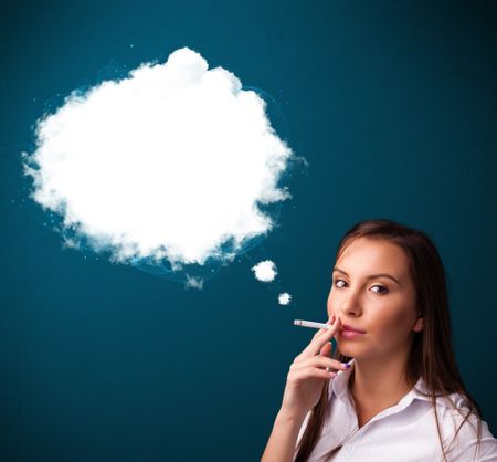 Pretty young woman smoking unhealthy cigarette with dense smoke