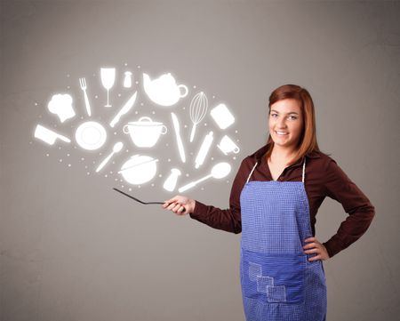 Pretty young lady with kitchen accessories icons