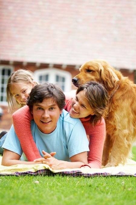 happy family at home outdoors - togetherness concept