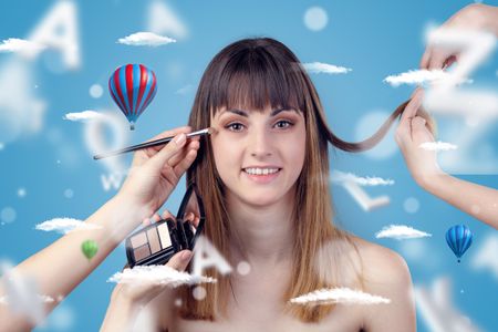Young brunette woman smiling at hairdresser with clouds and air balloons around