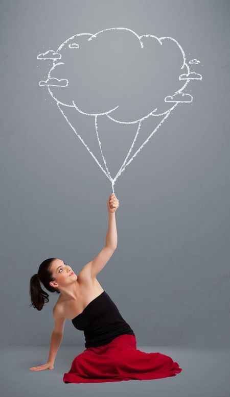 Pretty young lady holding a cloud balloon drawing