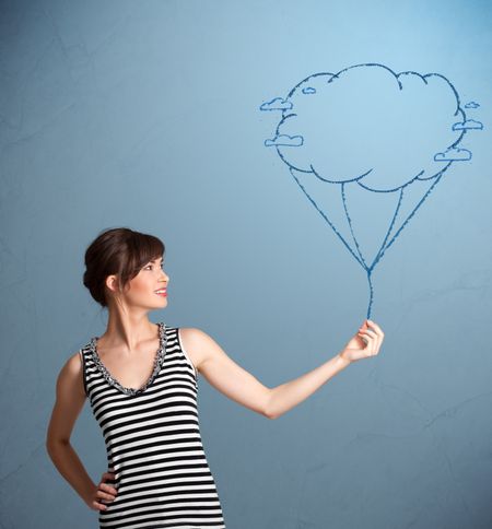 Pretty young lady holding a cloud balloon drawing