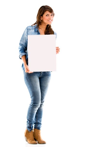 Woman holding a poster - isolated over a white background