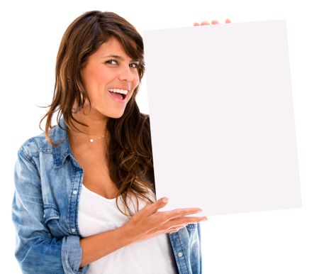 Excited woman holding a banner - isolated over a white background