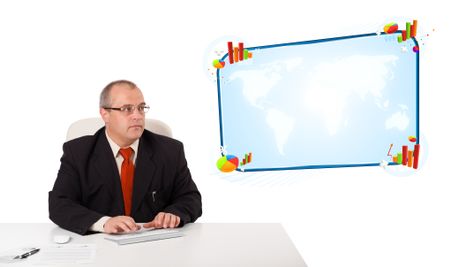 businessman sitting at desk and typing on keyboard with copy space, isolated on white