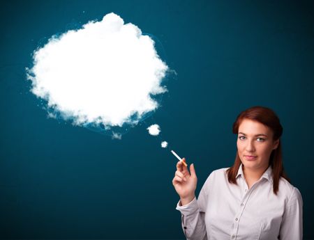 Pretty young woman smoking unhealthy cigarette with dense smoke