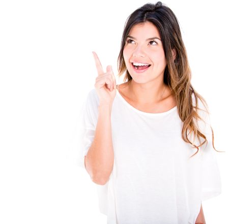 Happy woman pointing an idea - isolated over a white background