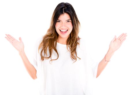 Excited woman with arms open - isolated over a white background