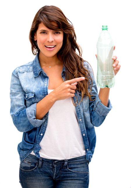 Woman with a plastic bottle - isolated over a white background