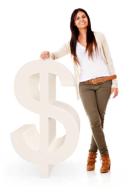 Woman with a dollar symbol - isolated over a white background
