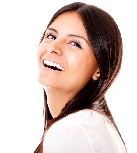 Happy woman laughing - isolated over a white background