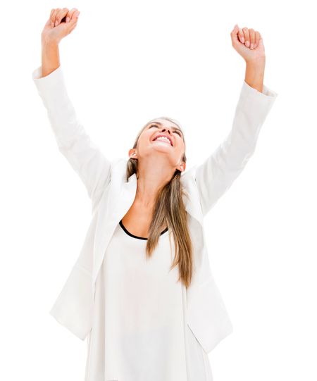 Successful business woman with arms up celebrating - isolated