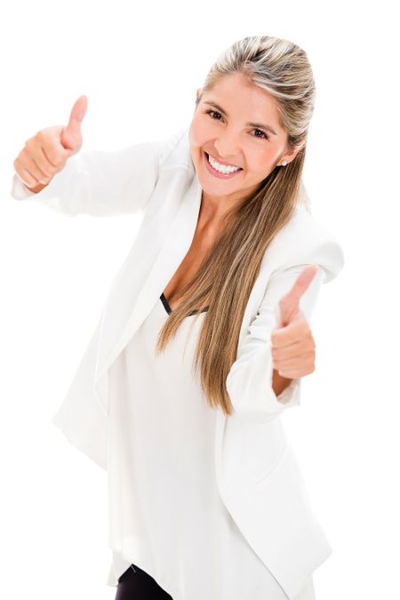 Happy business woman with thumbs up - isolated over white