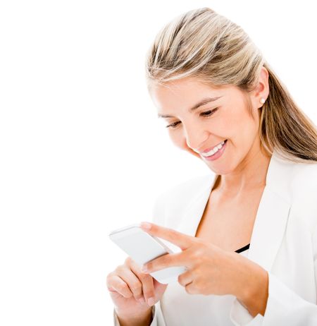 Woman texting on the cell phone - isolated over a white background