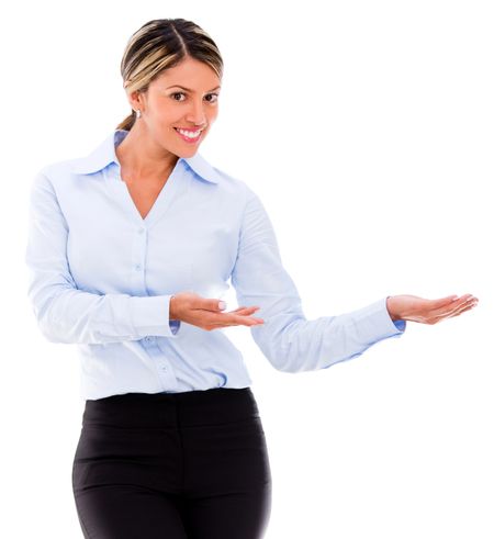 Welcoming business woman with hands extended - isolated over white