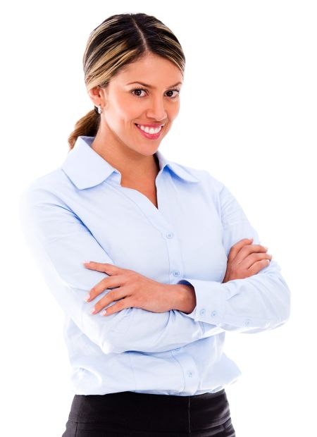 Business woman with arms crossed - isolated over a white background
