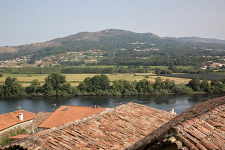 Village and River Minho looking to Portugal; Galicia; Spain