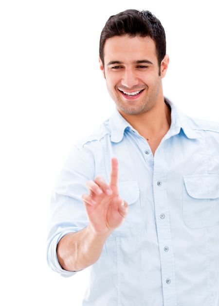 Man touching a screen - isolated over a white background