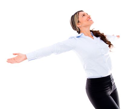 Successful business woman wit arms up - isolated over white