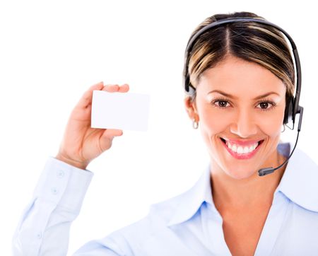Telemarketing agent holding a business card - isolated over a white background