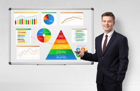 Handsome businessman presenting health reports on white board with laser pointer