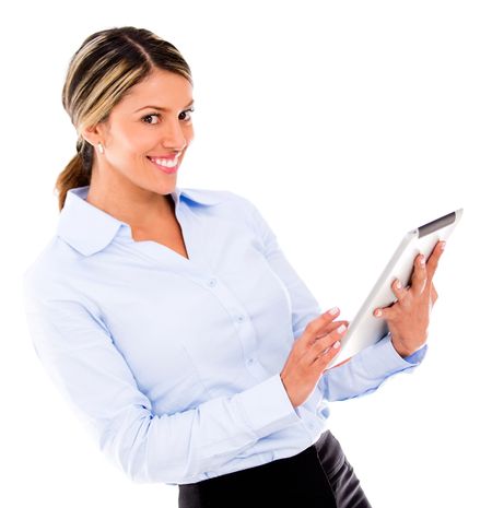 Woman managing her business online on a tablet computer - isolated