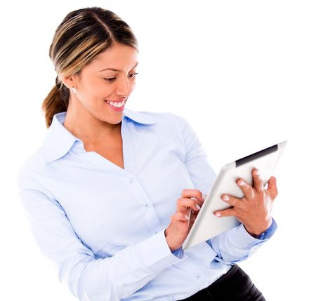 Business woman using a tablet computer - isolated over a white background