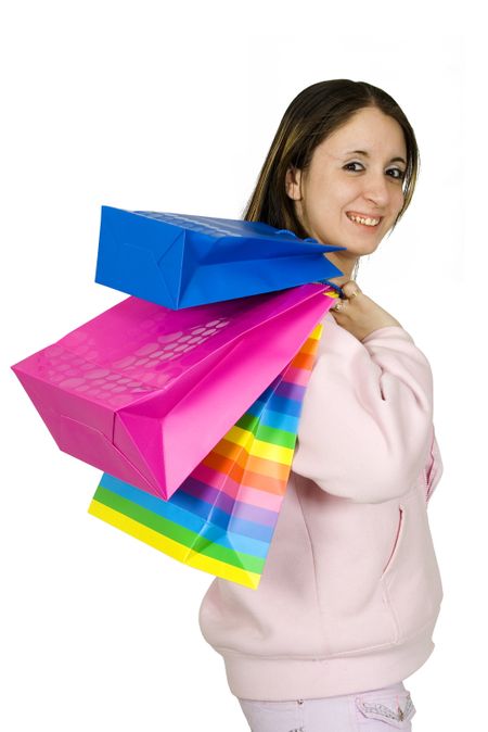 teenager with shopping bags over a white background