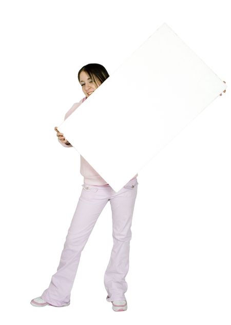 teen in pink holding banner over a white background