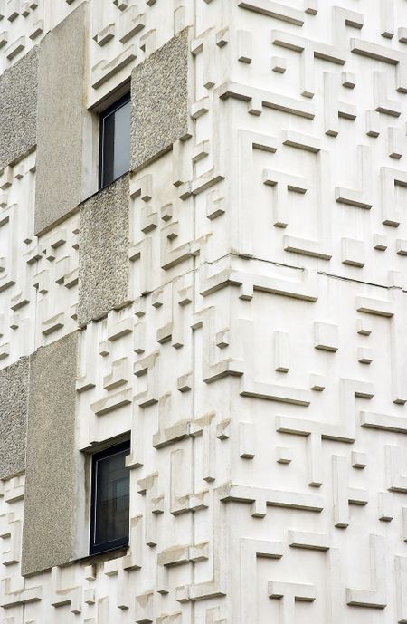 Corner of university high-rise with geometric facade