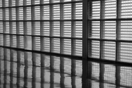 Wall of opaque window panes and reflections on linoleum floor