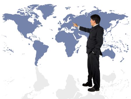 business man presenting a world map over a white background