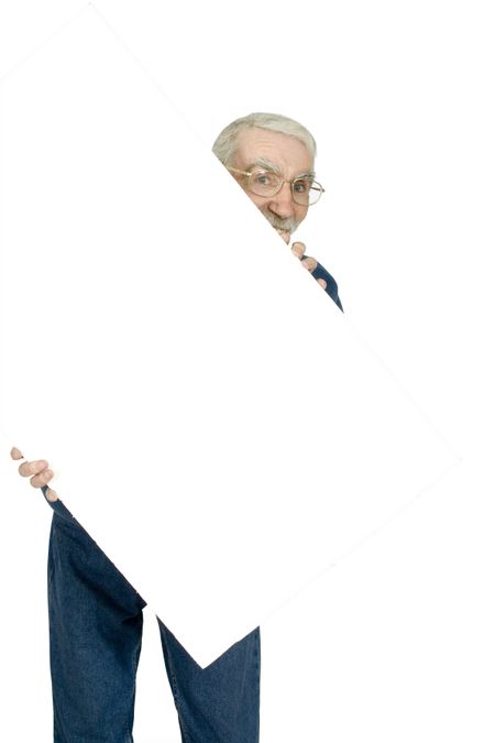happy casual man holding a banner over a white background
