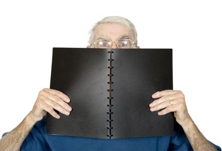 casual teacher with black notebook over a white background