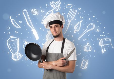 Young cook with kitchen instruments and drawn recipe concept on wallpaper