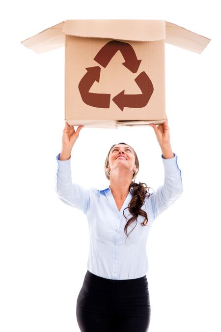 Woman lifting a recyclable cardboard box - isolated over white