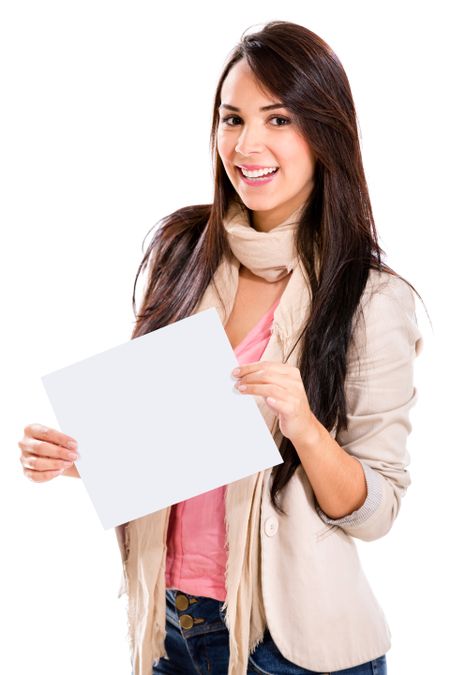 Happy woman holding a banner ad - isolated over white