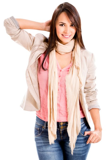 Confident casual woman smiling - isolated over a white background