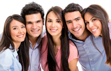 Group of happy friends smiling - isolated over a white background