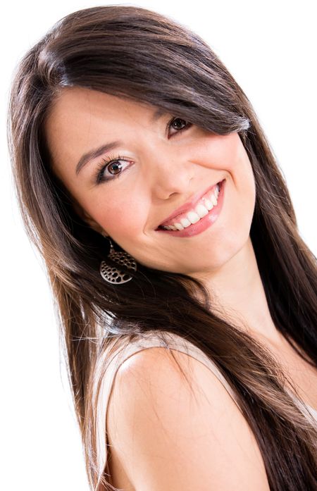 Happy casual woman smiling - isolated over a white background