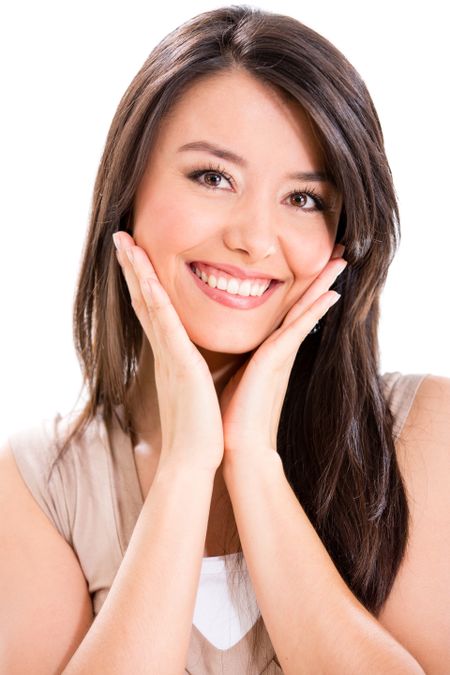 Sweet woman portrait smiling - isolated over a white background